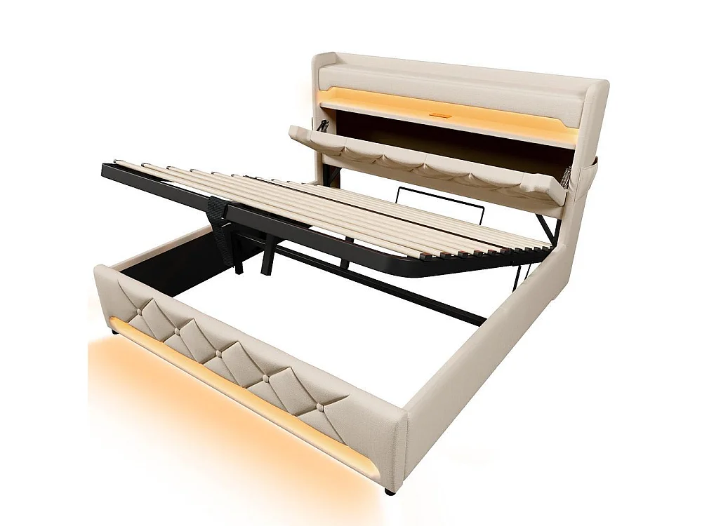 Lit simple rembourré 160x200 cm avec LED 360° et rangement hydraulique, tête de lit avec ports USB-C, lin beige, sans matelas