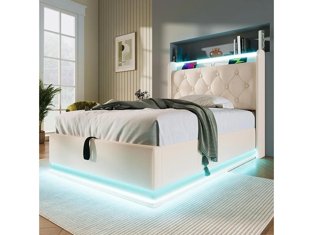 Lit Simple 90x200 cm, LED 360, APP, Télécommande, Lin, Hydraulique, Rangement, USB Type C, Tête, Sans Matelas, Blanc