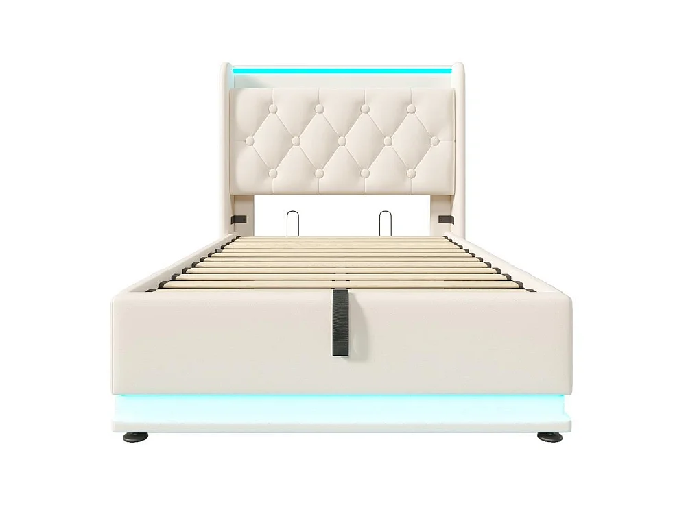 Lit Simple 90x200 cm, LED 360, APP, Télécommande, Lin, Hydraulique, Rangement, USB Type C, Tête, Sans Matelas, Blanc