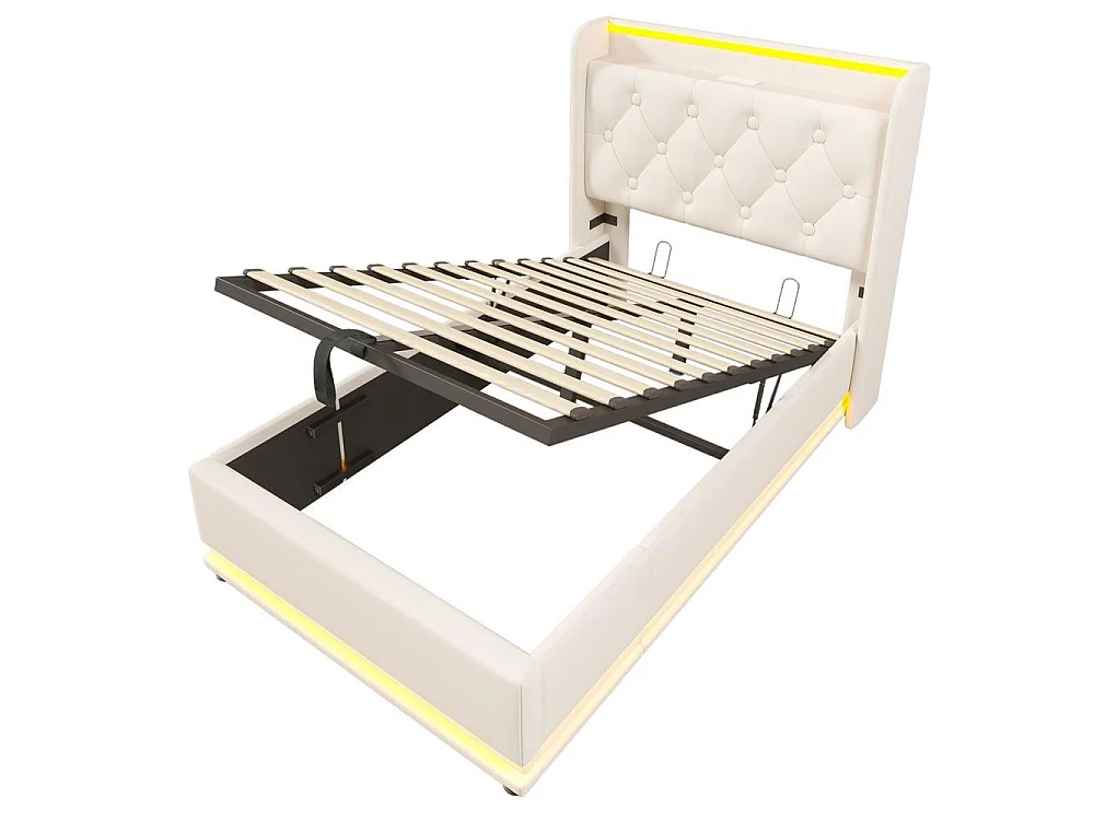 Lit Simple 90x200 cm, LED 360, APP, Télécommande, Lin, Hydraulique, Rangement, USB Type C, Tête, Sans Matelas, Blanc