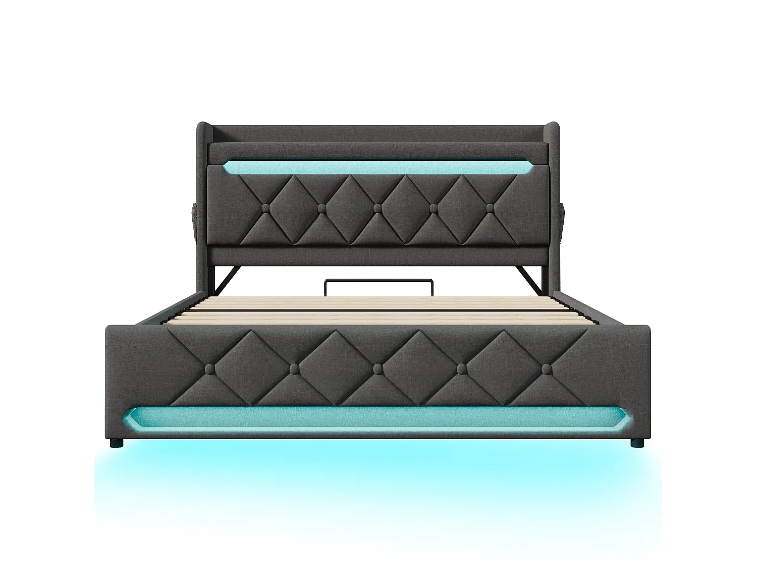 Lit Rembourré 160x200cm Lin, LED 360 Degrés Tête Pieds, 3 USB Type C Charge Rapide, Structure Fer 250kg, sans Matelas, Gris