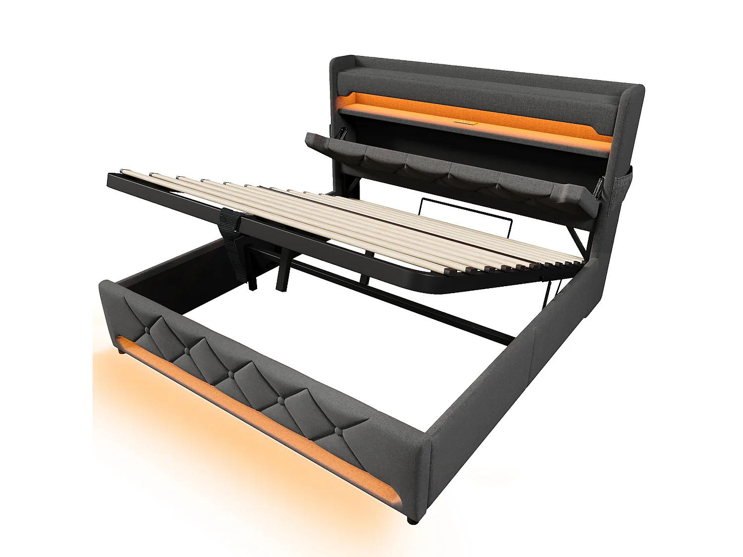 Lit Rembourré 160x200cm Lin, LED 360 Degrés Tête Pieds, 3 USB Type C Charge Rapide, Structure Fer 250kg, sans Matelas, Gris