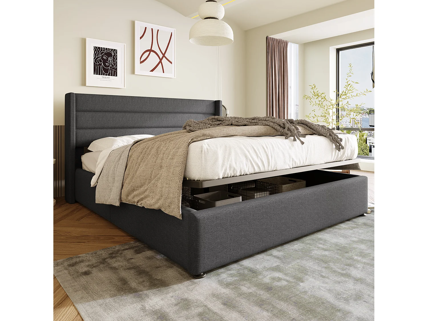 Lit Coffre Hydraulique 160x200 Lin Gris, Tête Design Unique 3 Panneaux Coutures, Sangle Tissu Levage Facile, Rangement Grand Volume