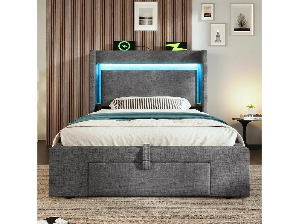 Lit rembourré 90x200 cm avec rangement hydraulique et tiroir, tête de lit avec LED et ports USB, sommier bois, sans matelas, gris