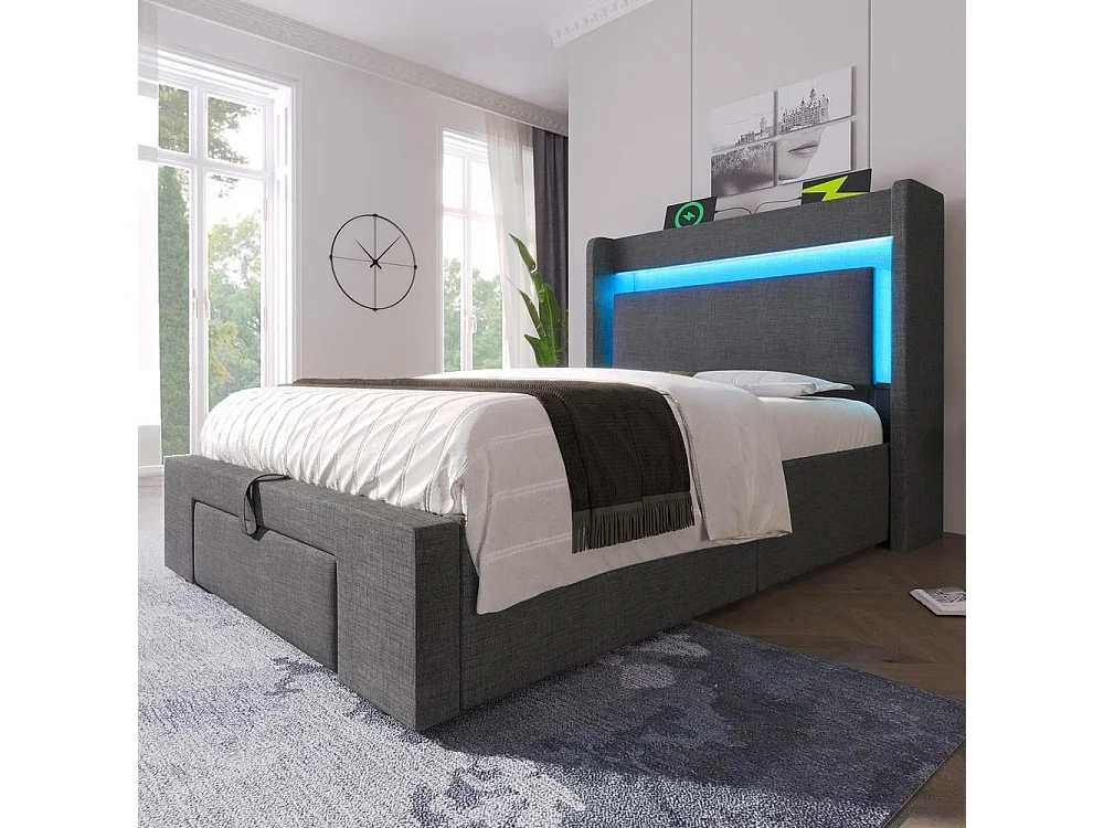 Lit rembourré 90x200 cm avec rangement hydraulique et tiroir, tête de lit avec LED et ports USB, sommier bois, sans matelas, gris