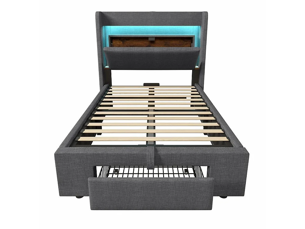 Lit rembourré 90x200 cm avec rangement hydraulique et tiroir, tête de lit avec LED et ports USB, sommier bois, sans matelas, gris