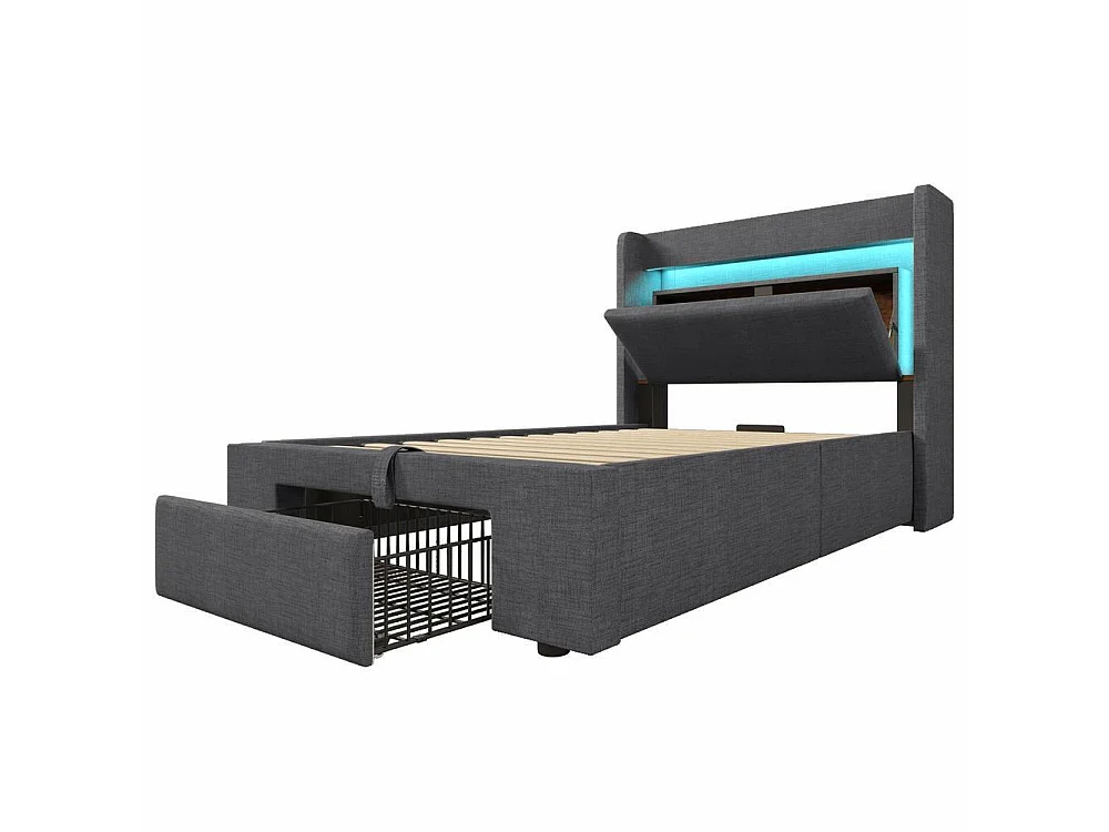 Lit rembourré 90x200 cm avec rangement hydraulique et tiroir, tête de lit avec LED et ports USB, sommier bois, sans matelas, gris