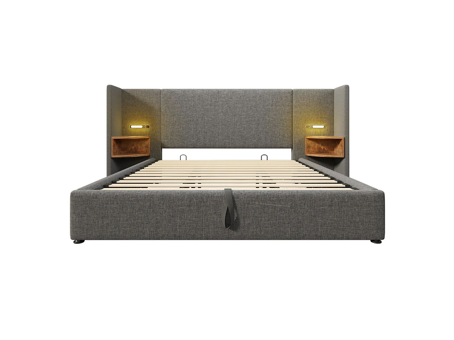 Lit 180x200 cm, Ensemble avec 2 Tables de Nuit, Lampe de Lecture avec USB Type C, Rangement Hydraulique, Velours Coton Gris
