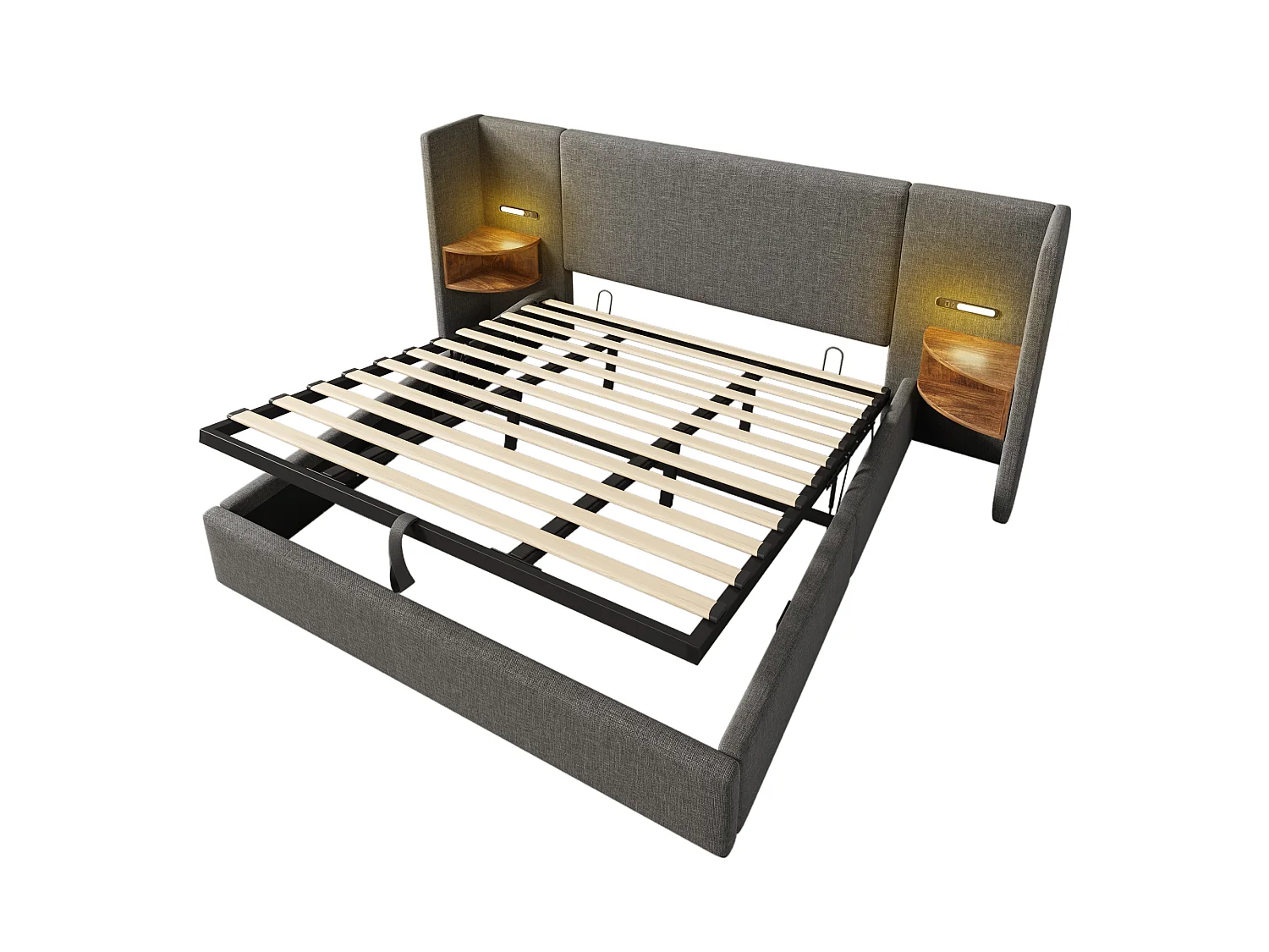 Lit 180x200 cm, Ensemble avec 2 Tables de Nuit, Lampe de Lecture avec USB Type C, Rangement Hydraulique, Velours Coton Gris