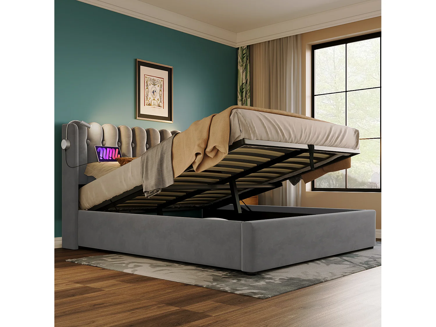 Lit simple 90x200 cm, lampe lecture, port USB, rangement gaz, cadre fer, sommier bois, sans matelas, velours gris
