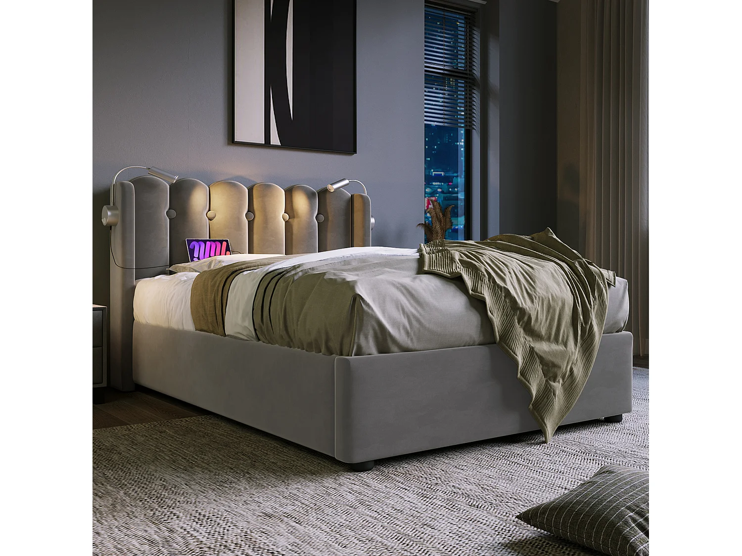 Lit simple 90x200 cm, lampe lecture, port USB, rangement gaz, cadre fer, sommier bois, sans matelas, velours gris