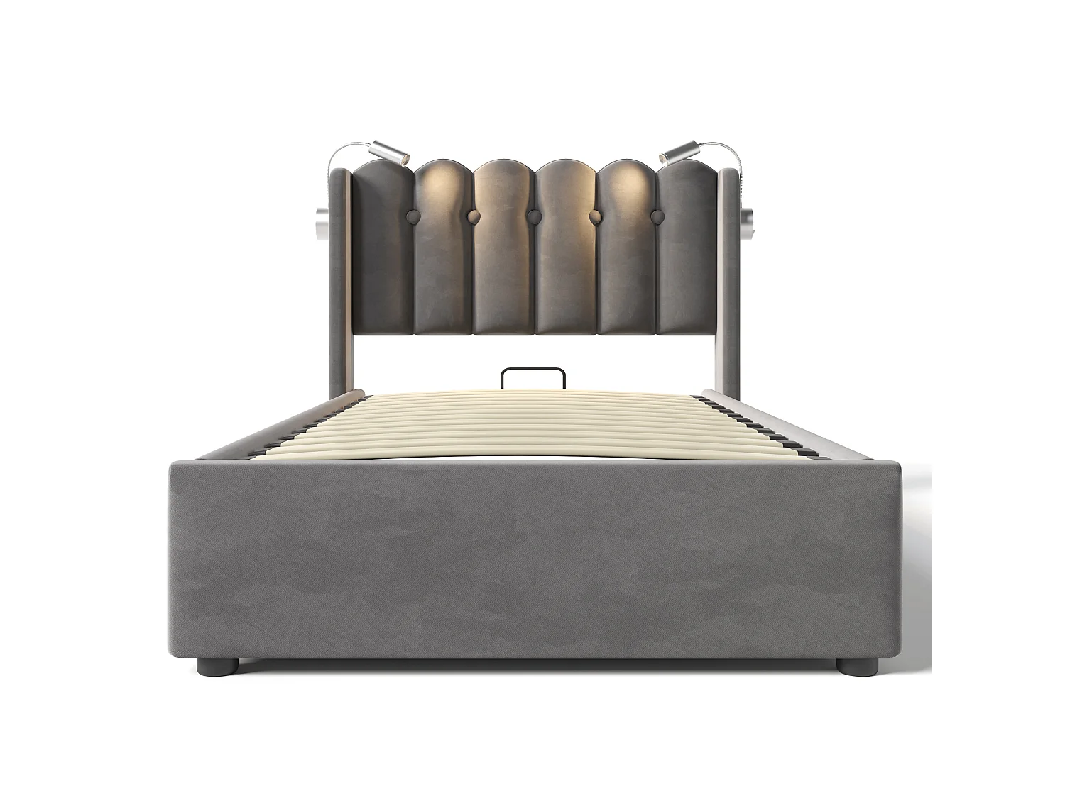 Lit simple 90x200 cm, lampe lecture, port USB, rangement gaz, cadre fer, sommier bois, sans matelas, velours gris