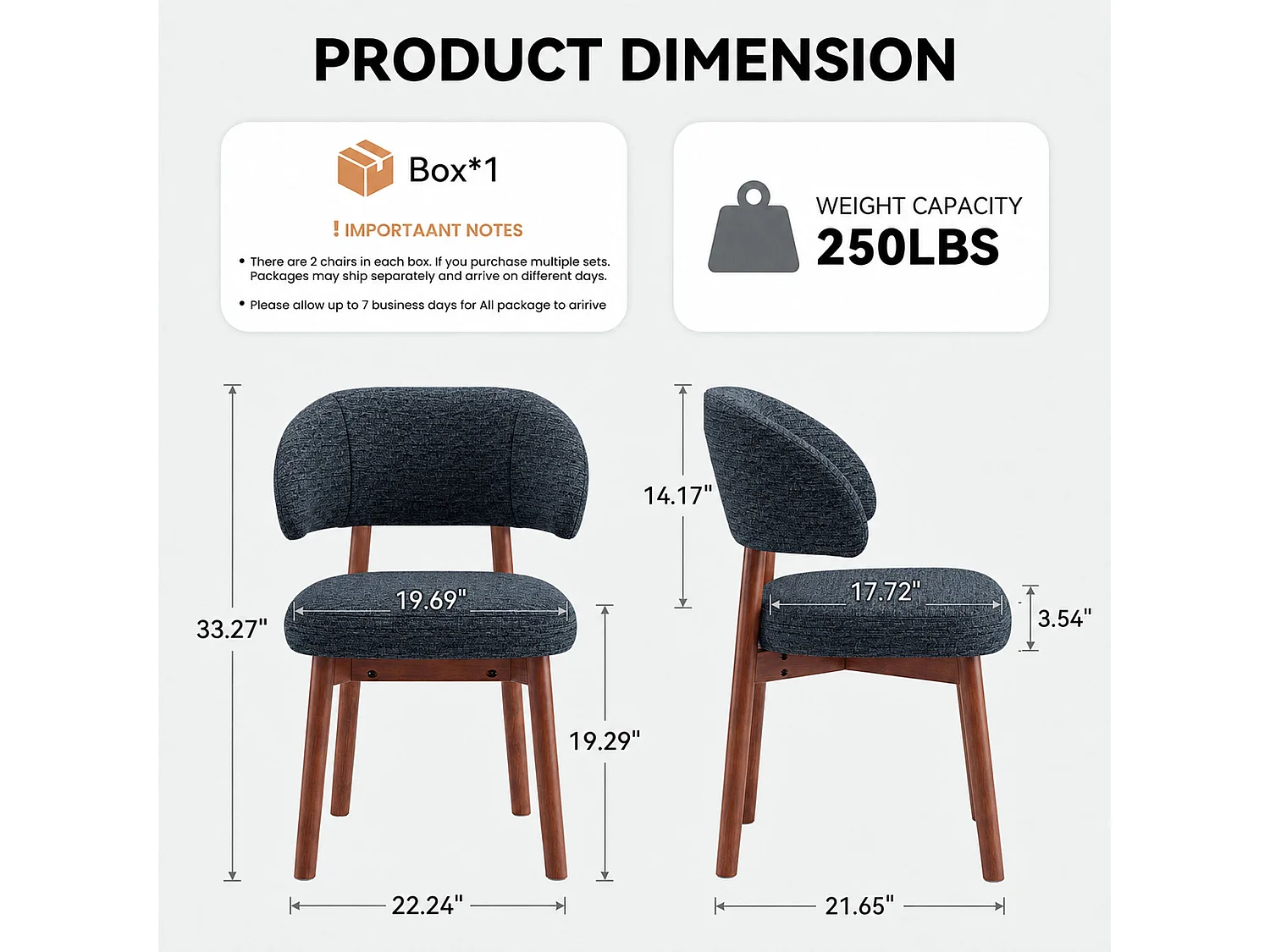 Lot de 2 Chaises de Salle à Manger Rembourrées, Dossier Extra-Large Incurvé et Enveloppant, Structure en Bois avec Patins Réglables, Bleu