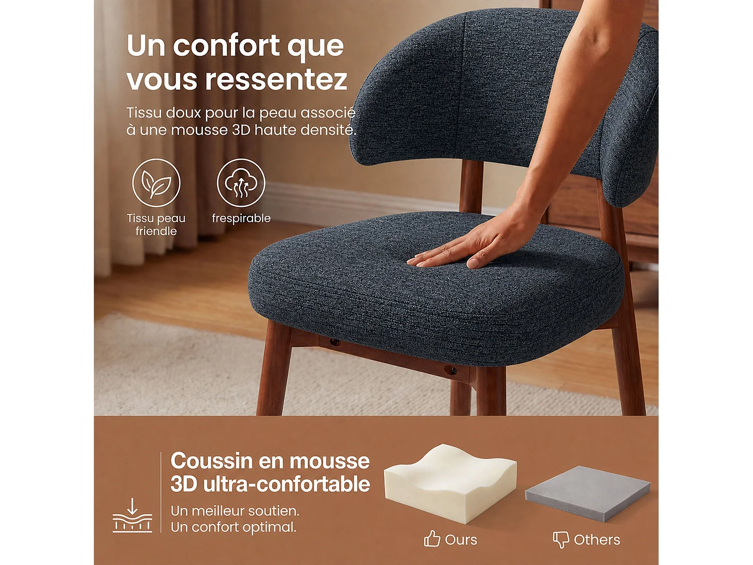 Lot de 2 Chaises de Salle à Manger Rembourrées, Dossier Extra-Large Incurvé et Enveloppant, Structure en Bois avec Patins Réglables, Bleu