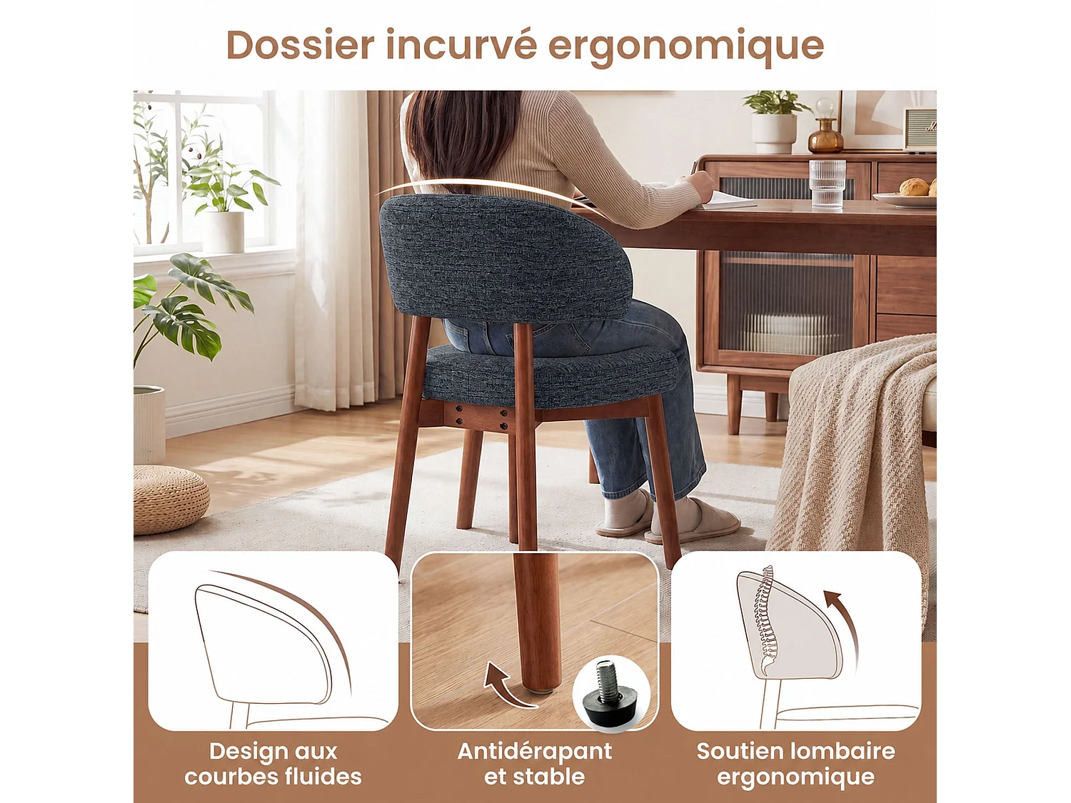 Lot de 2 Chaises de Salle à Manger Rembourrées, Dossier Extra-Large Incurvé et Enveloppant, Structure en Bois avec Patins Réglables, Bleu