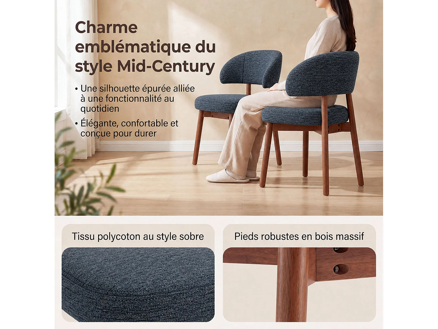Lot de 2 Chaises de Salle à Manger Rembourrées, Dossier Extra-Large Incurvé et Enveloppant, Structure en Bois avec Patins Réglables, Bleu