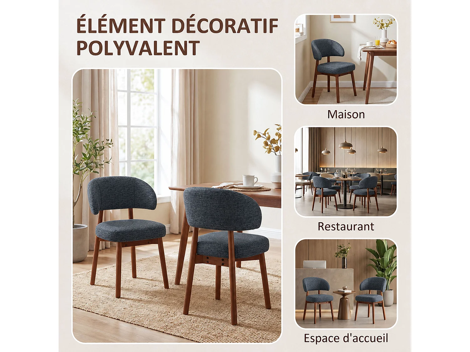 Lot de 2 Chaises de Salle à Manger Rembourrées, Dossier Extra-Large Incurvé et Enveloppant, Structure en Bois avec Patins Réglables, Bleu
