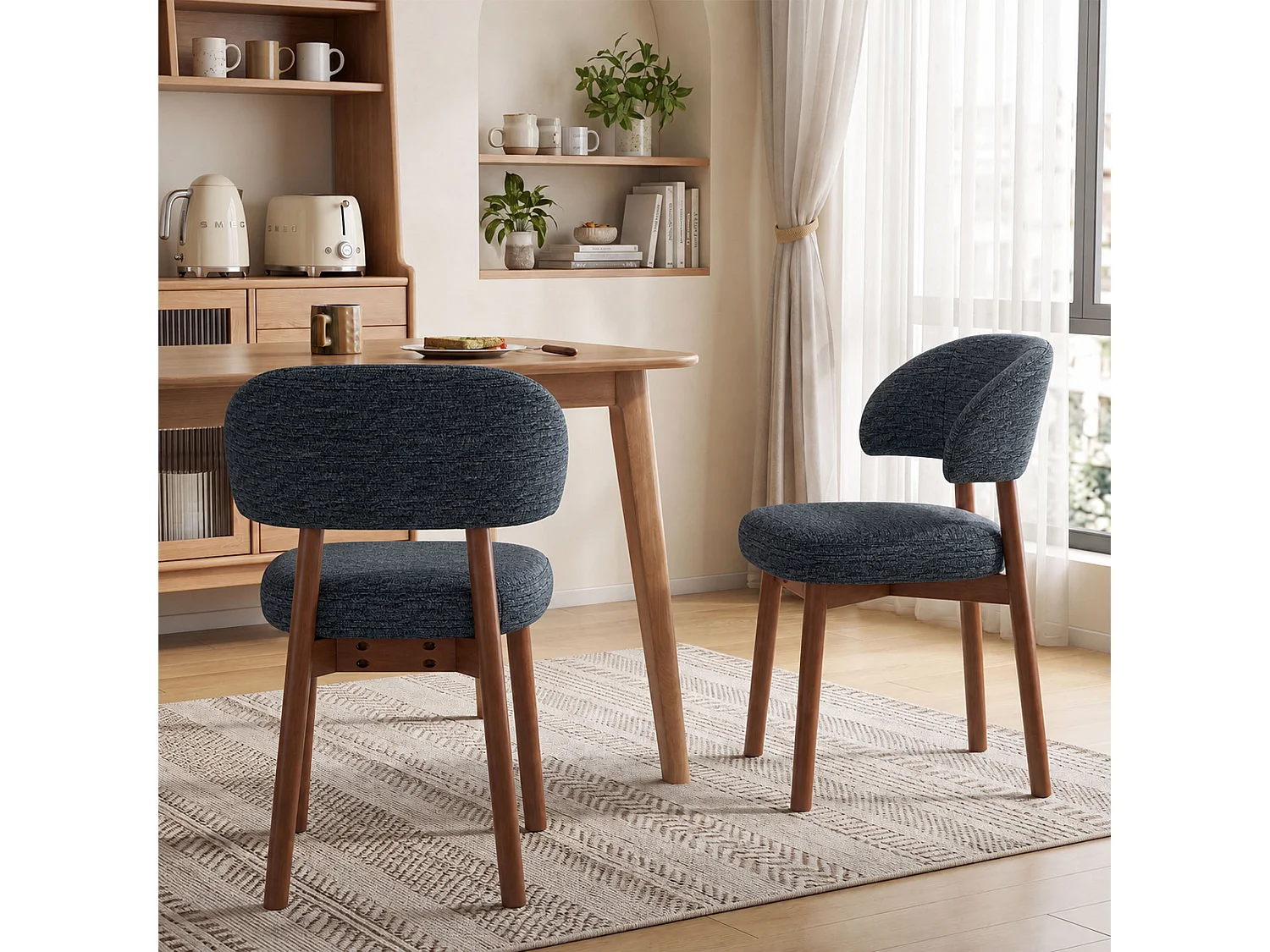 Lot de 2 Chaises de Salle à Manger Rembourrées, Dossier Extra-Large Incurvé et Enveloppant, Structure en Bois avec Patins Réglables, Bleu