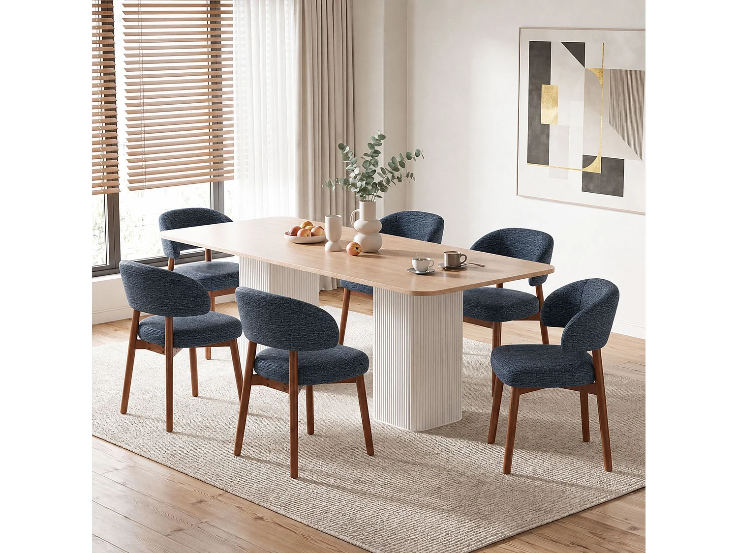 Lot de 2 Chaises de Salle à Manger Rembourrées, Dossier Extra-Large Incurvé et Enveloppant, Structure en Bois avec Patins Réglables, Bleu