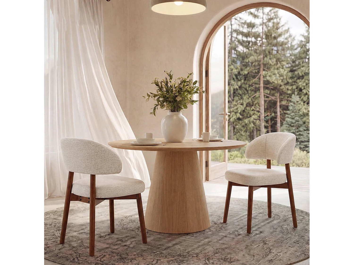 Lot de 2 Chaises de Salle à Manger Rembourrées, Dossier Extra-Large Incurvé et Enveloppant, Structure en Bois avec Patins Réglables, beige