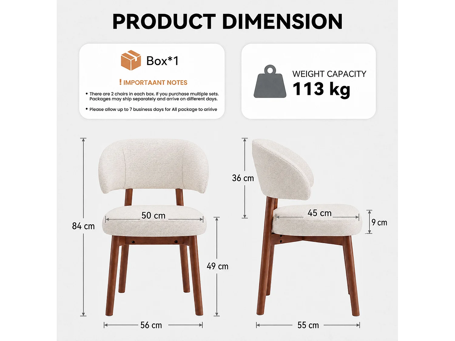 Lot de 2 Chaises de Salle à Manger Rembourrées, Dossier Extra-Large Incurvé et Enveloppant, Structure en Bois avec Patins Réglables, beige