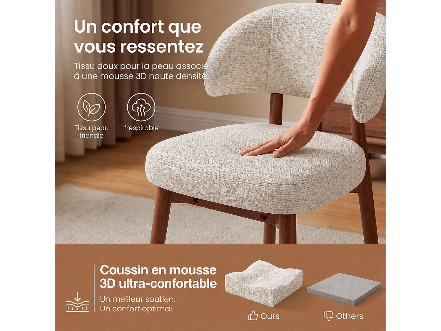 Lot de 2 Chaises de Salle à Manger Rembourrées, Dossier Extra-Large Incurvé et Enveloppant, Structure en Bois avec Patins Réglables, beige