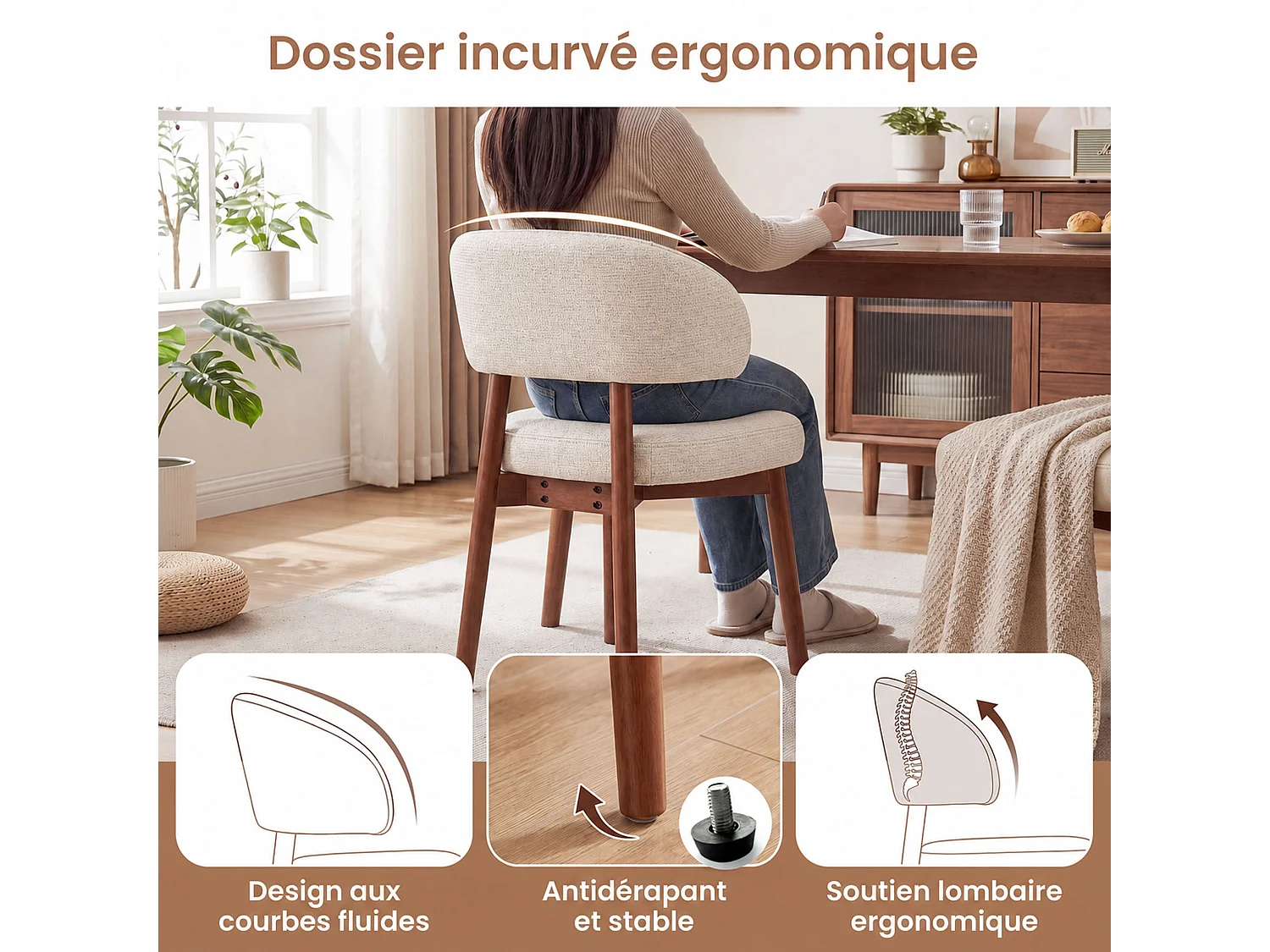 Lot de 2 Chaises de Salle à Manger Rembourrées, Dossier Extra-Large Incurvé et Enveloppant, Structure en Bois avec Patins Réglables, beige