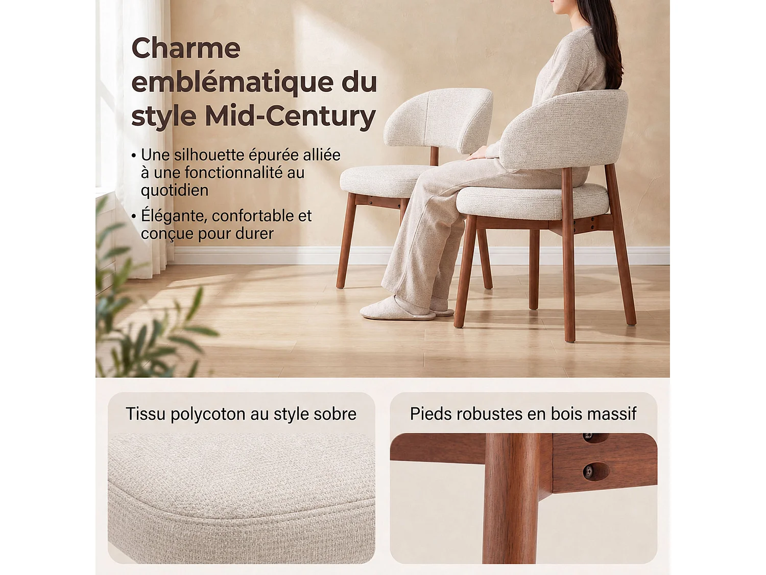 Lot de 2 Chaises de Salle à Manger Rembourrées, Dossier Extra-Large Incurvé et Enveloppant, Structure en Bois avec Patins Réglables, beige