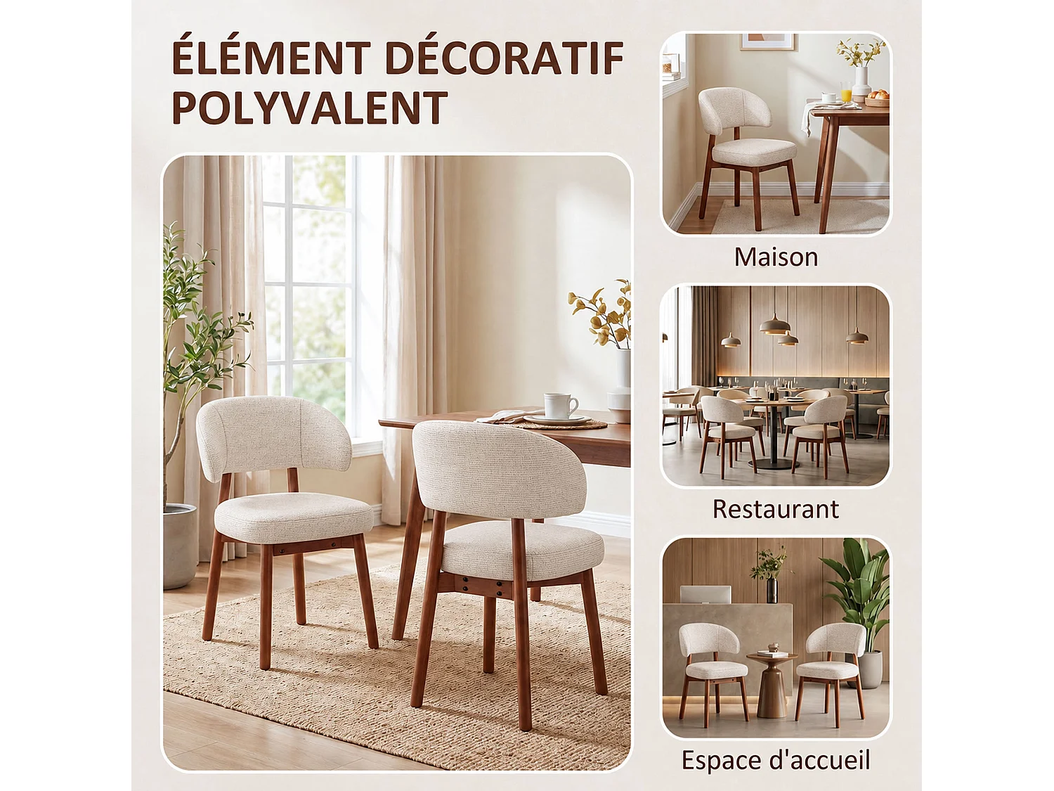 Lot de 2 Chaises de Salle à Manger Rembourrées, Dossier Extra-Large Incurvé et Enveloppant, Structure en Bois avec Patins Réglables, beige