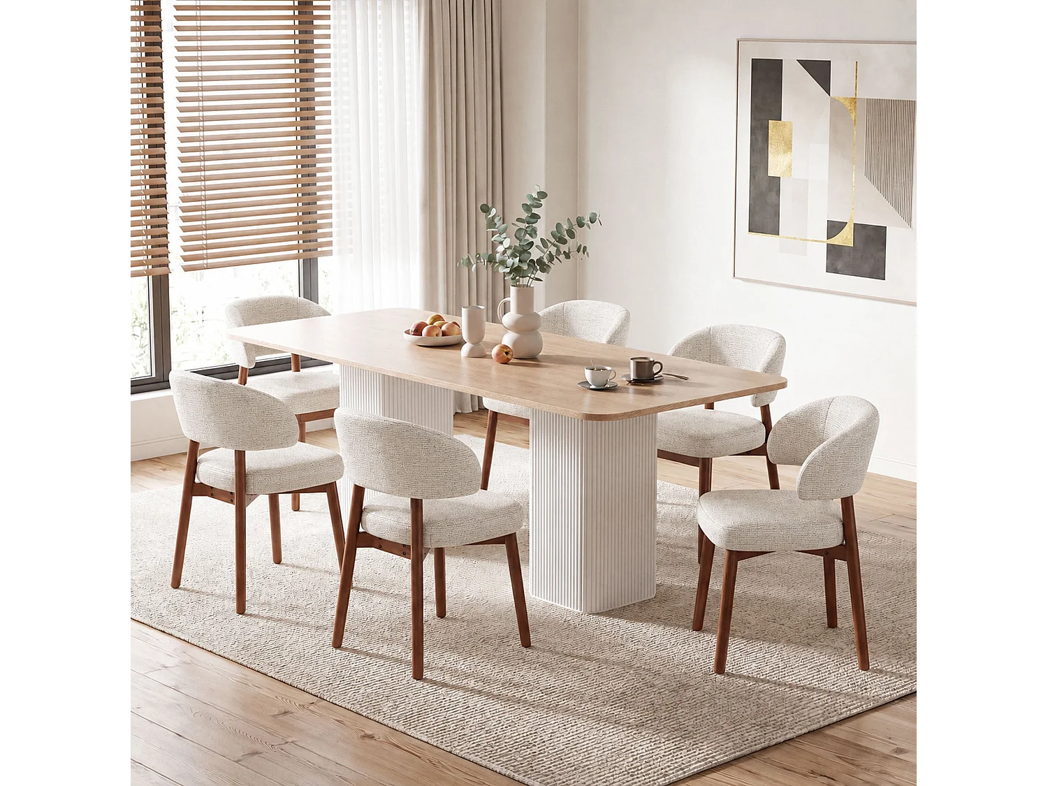 Lot de 2 Chaises de Salle à Manger Rembourrées, Dossier Extra-Large Incurvé et Enveloppant, Structure en Bois avec Patins Réglables, beige