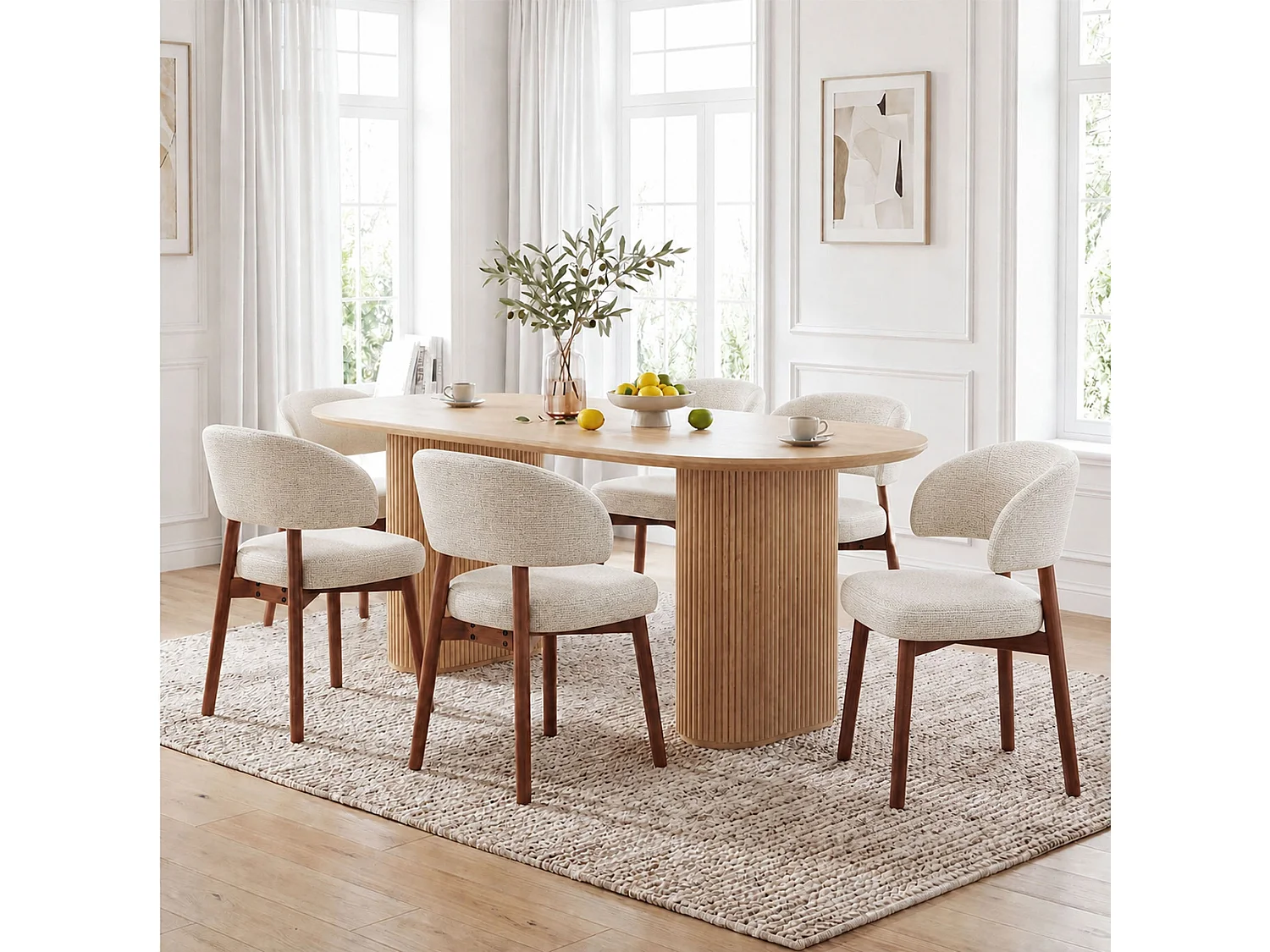 Lot de 2 Chaises de Salle à Manger Rembourrées, Dossier Extra-Large Incurvé et Enveloppant, Structure en Bois avec Patins Réglables, beige