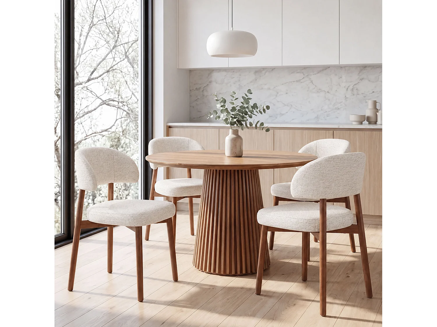 Lot de 2 Chaises de Salle à Manger Rembourrées, Dossier Extra-Large Incurvé et Enveloppant, Structure en Bois avec Patins Réglables, beige