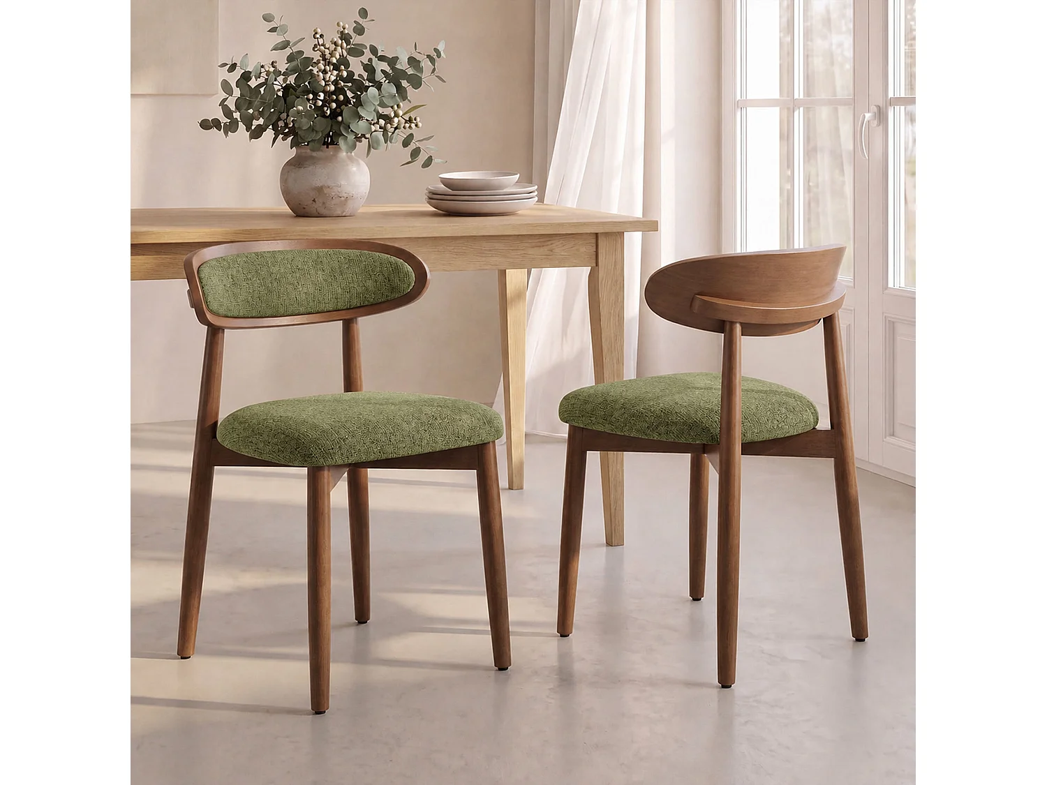 Lot de 2 chaises de salle à manger en bois massif, dossier incurvé et assise rembourrée, vert