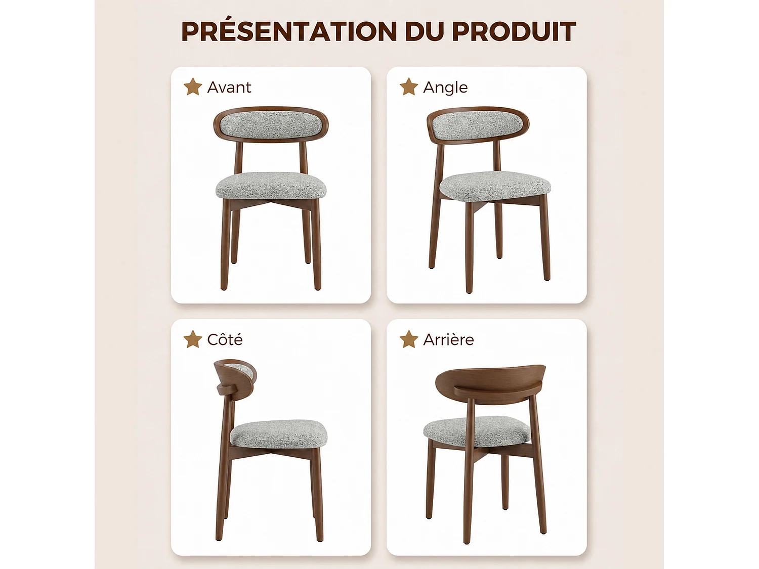 Lot de 2 chaises de salle à manger en bois massif, dossier incurvé et assise rembourrée, gris