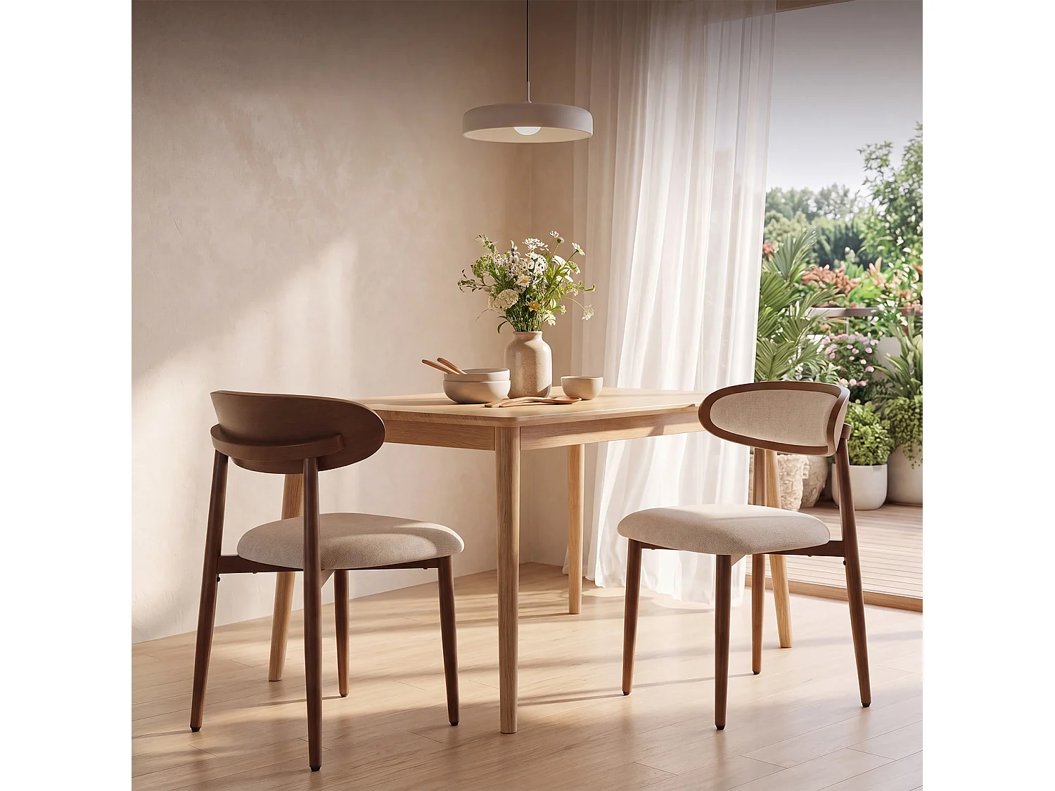 Lot de 2 chaises de salle à manger en bois massif, dossier incurvé et assise rembourrée, beige