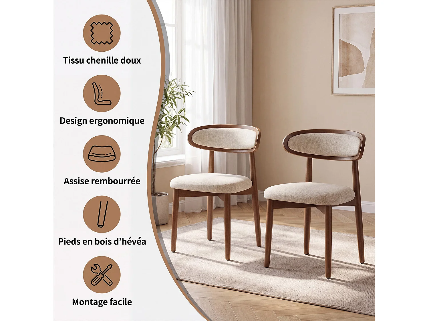 Lot de 2 chaises de salle à manger en bois massif, dossier incurvé et assise rembourrée, beige