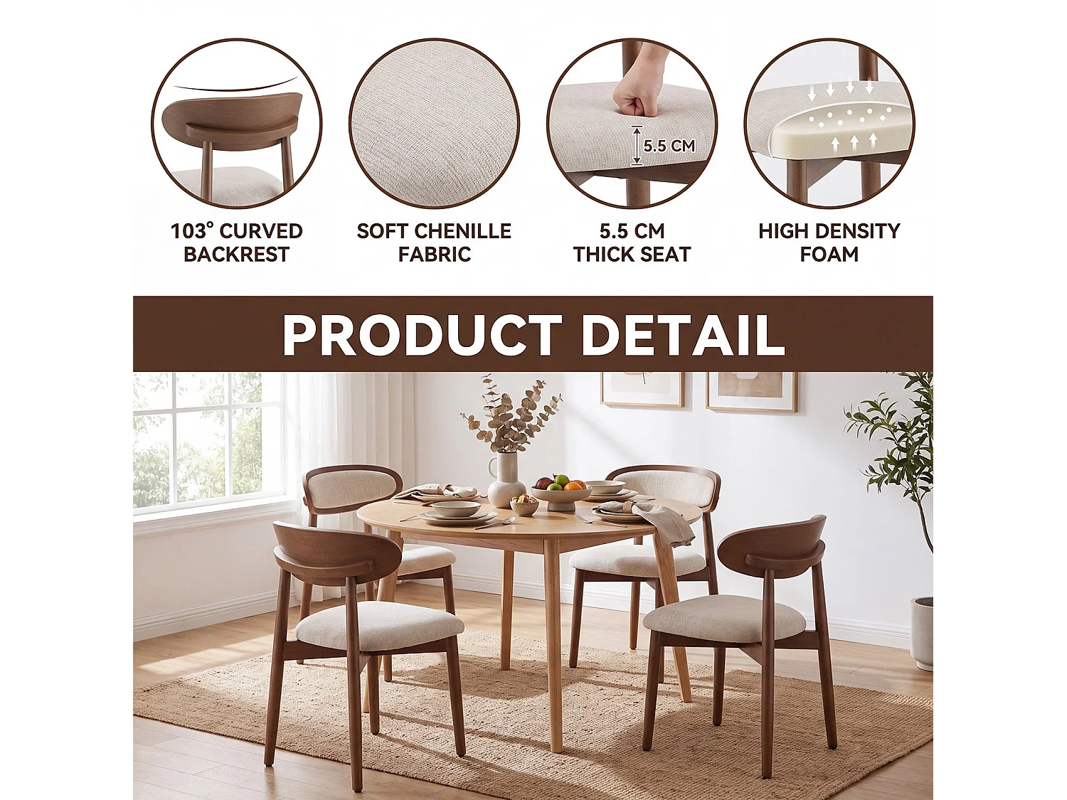 Lot de 2 chaises de salle à manger en bois massif, dossier incurvé et assise rembourrée, beige