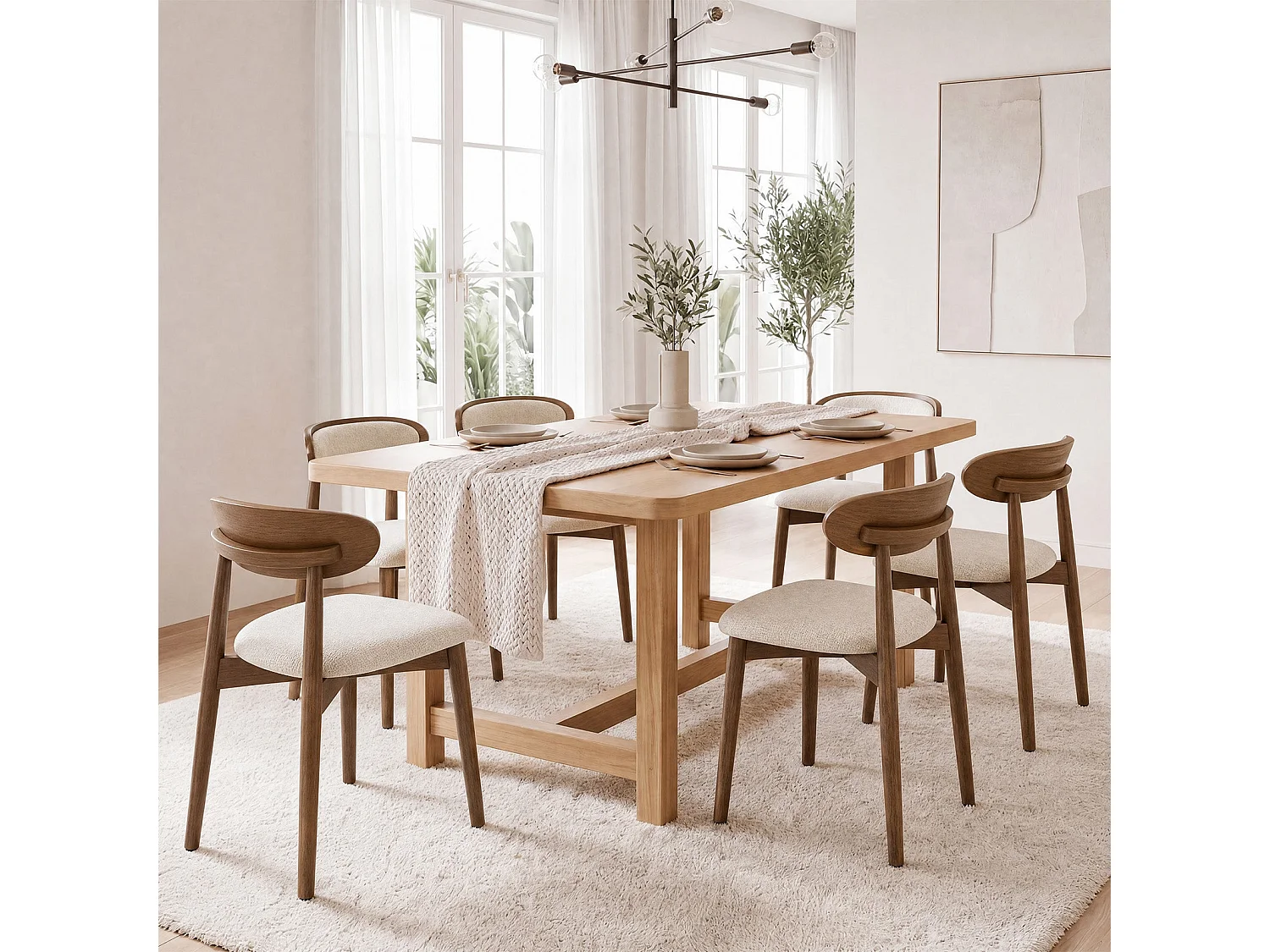 Lot de 2 chaises de salle à manger en bois massif, dossier incurvé et assise rembourrée, beige