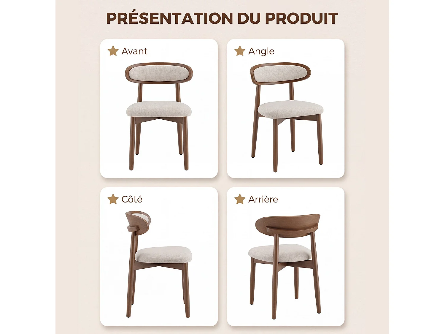 Lot de 2 chaises de salle à manger en bois massif, dossier incurvé et assise rembourrée, beige