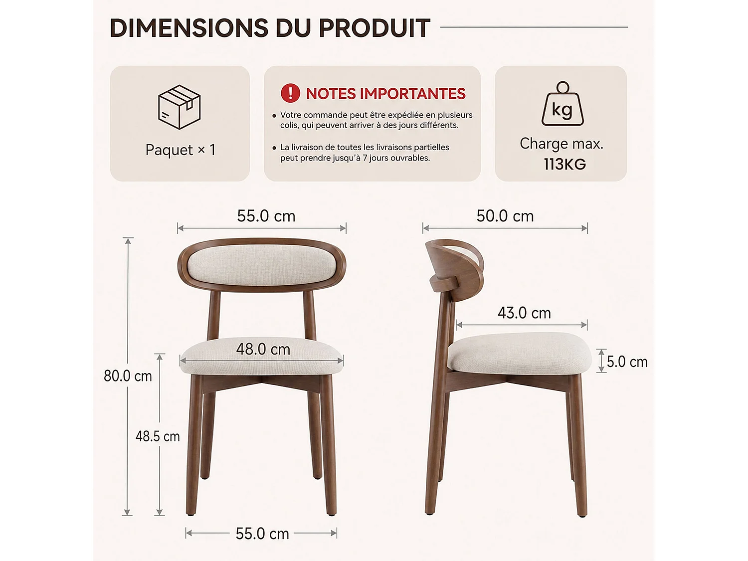 Lot de 2 chaises de salle à manger en bois massif, dossier incurvé et assise rembourrée, beige