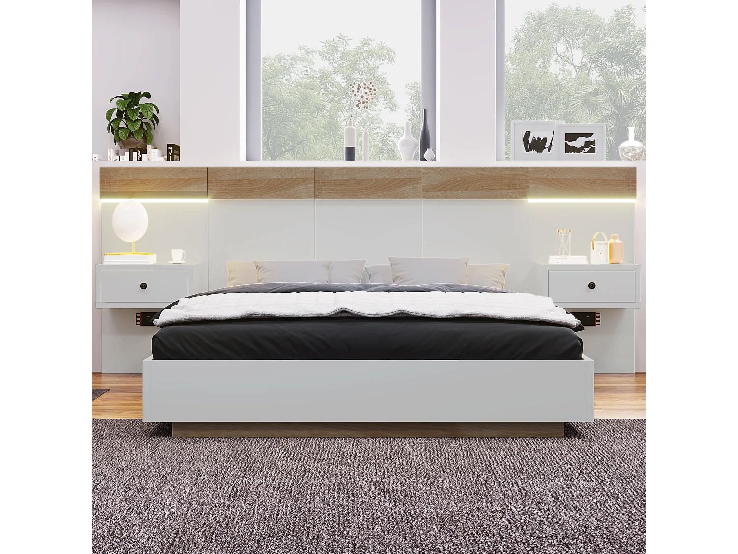 Lit Double 160x200 Chêne Sonoma, 2 Tables Chevet LED USB C, Prises Électriques Intégrées, Design Flottant, sans Matelas, Blanc