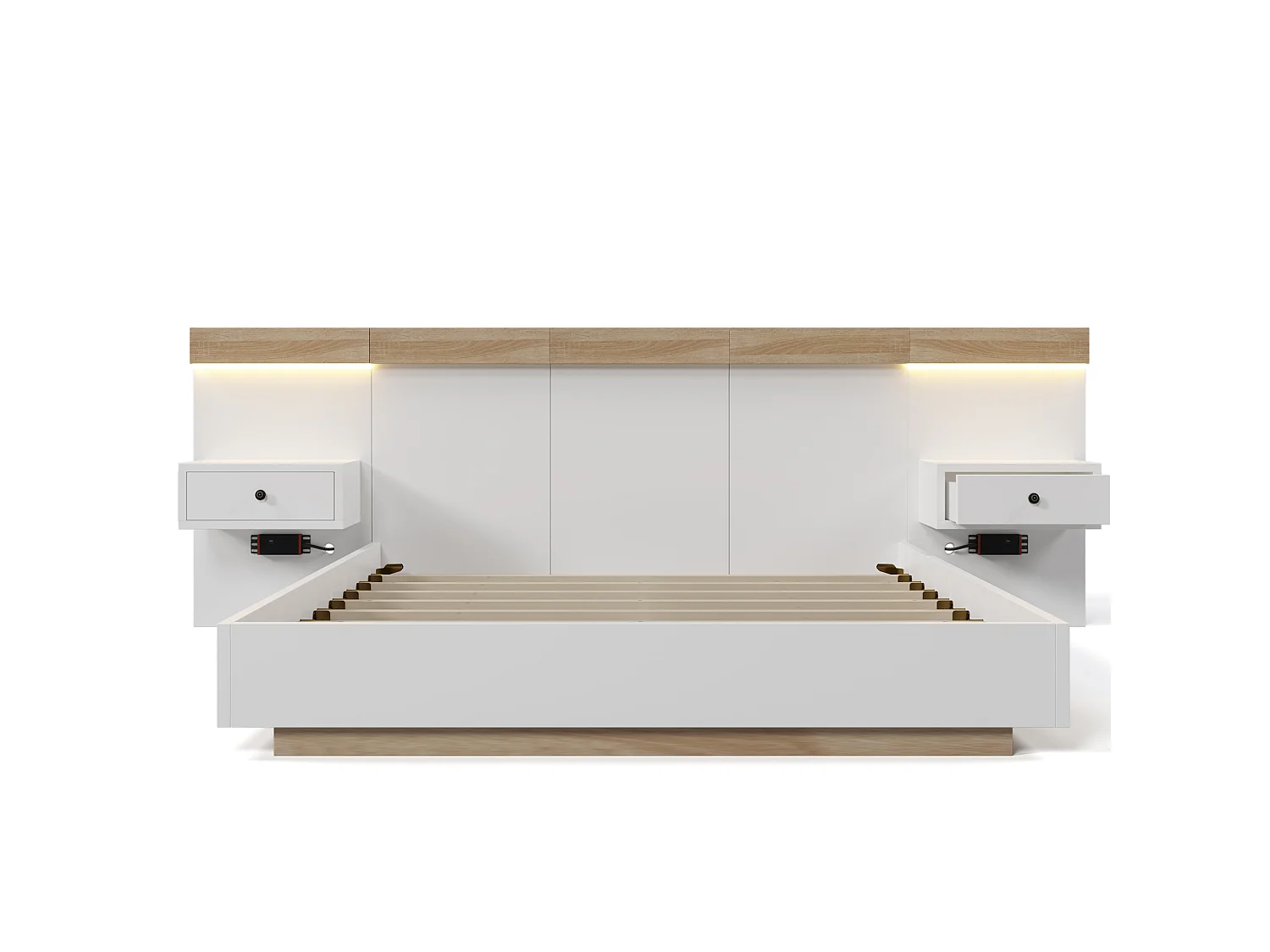 Lit Double 160x200 Chêne Sonoma, 2 Tables Chevet LED USB C, Prises Électriques Intégrées, Design Flottant, sans Matelas, Blanc