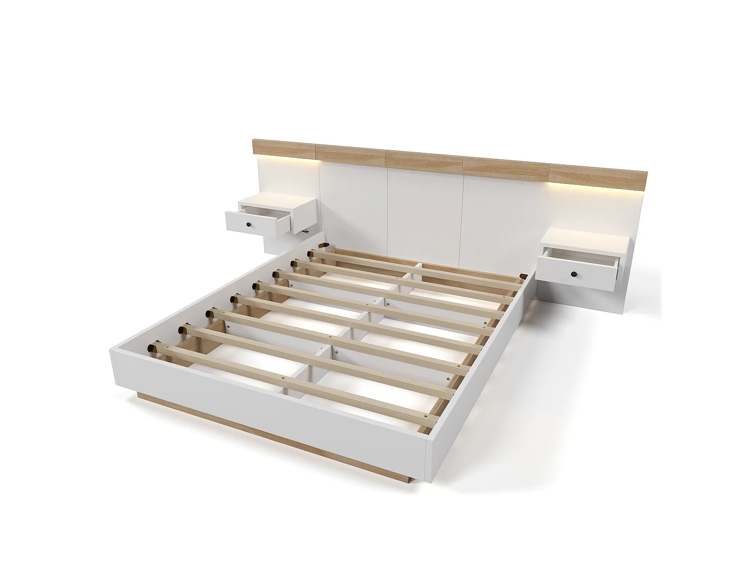 Lit Double 160x200 Chêne Sonoma, 2 Tables Chevet LED USB C, Prises Électriques Intégrées, Design Flottant, sans Matelas, Blanc