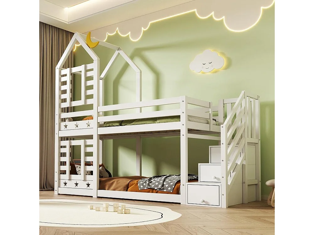 Lit superposé 90x200 cm enfant avec tiroirs, lit cabane étoiles et lune, sécurité EN 747, rangement intégré et robuste, blanc
