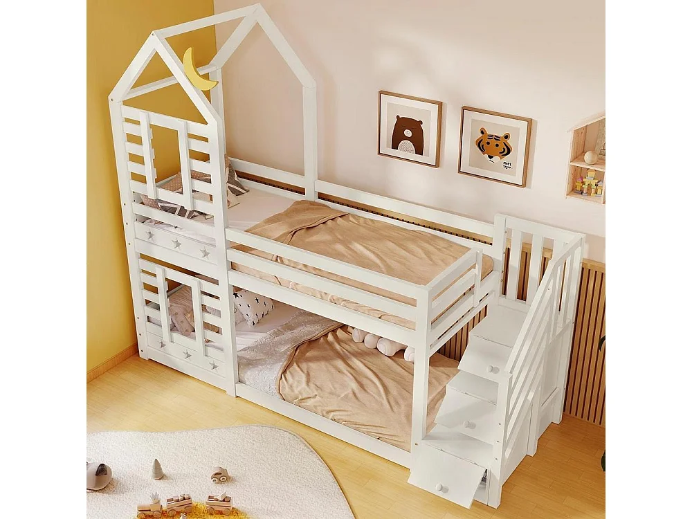 Lit superposé 90x200 cm enfant avec tiroirs, lit cabane étoiles et lune, sécurité EN 747, rangement intégré et robuste, blanc