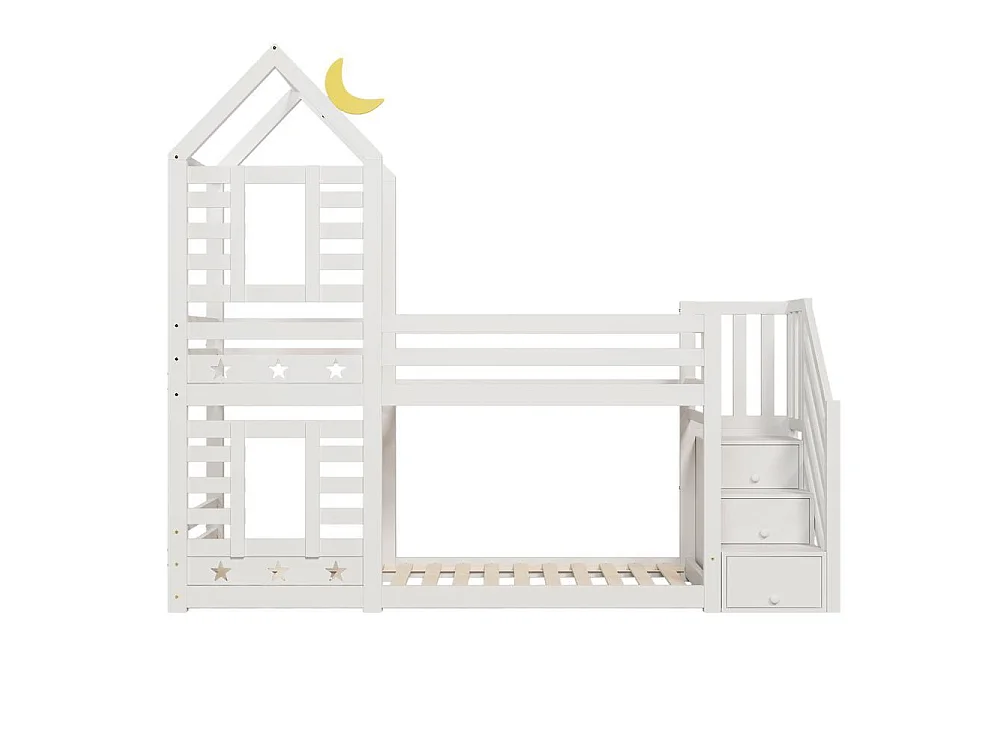 Lit superposé 90x200 cm enfant avec tiroirs, lit cabane étoiles et lune, sécurité EN 747, rangement intégré et robuste, blanc