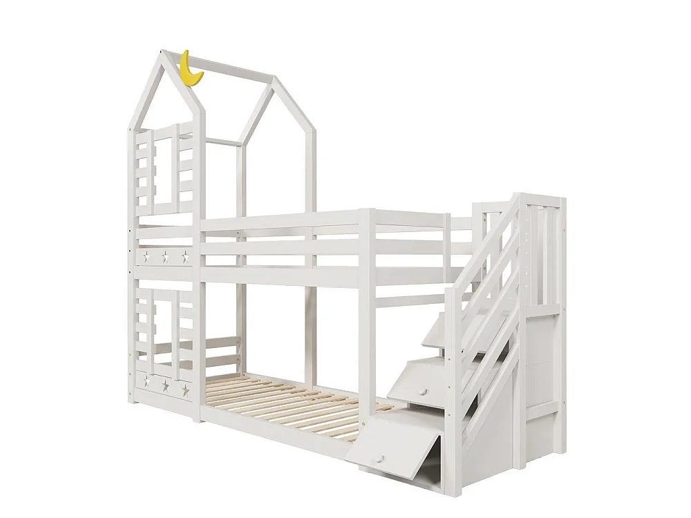 Lit superposé 90x200 cm enfant avec tiroirs, lit cabane étoiles et lune, sécurité EN 747, rangement intégré et robuste, blanc