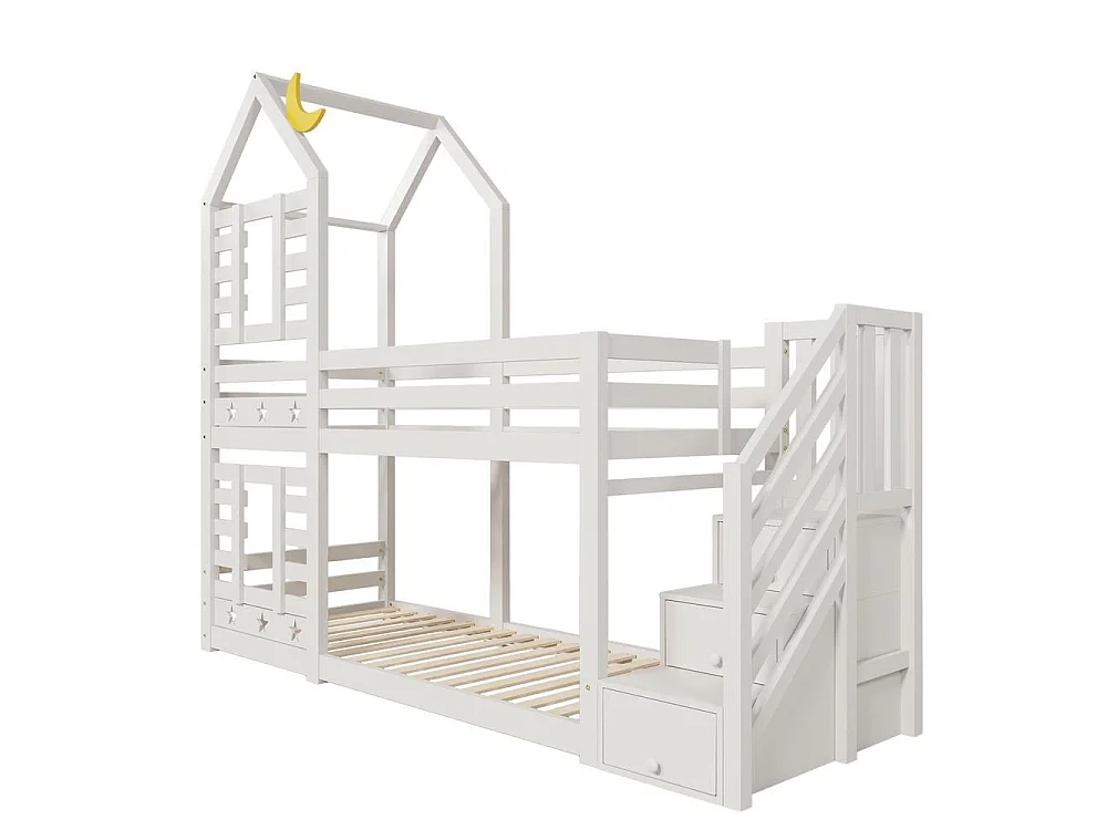 Lit superposé 90x200 cm enfant avec tiroirs, lit cabane étoiles et lune, sécurité EN 747, rangement intégré et robuste, blanc