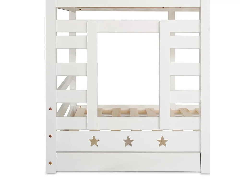 Lit superposé 90x200 cm enfant avec tiroirs, lit cabane étoiles et lune, sécurité EN 747, rangement intégré et robuste, blanc
