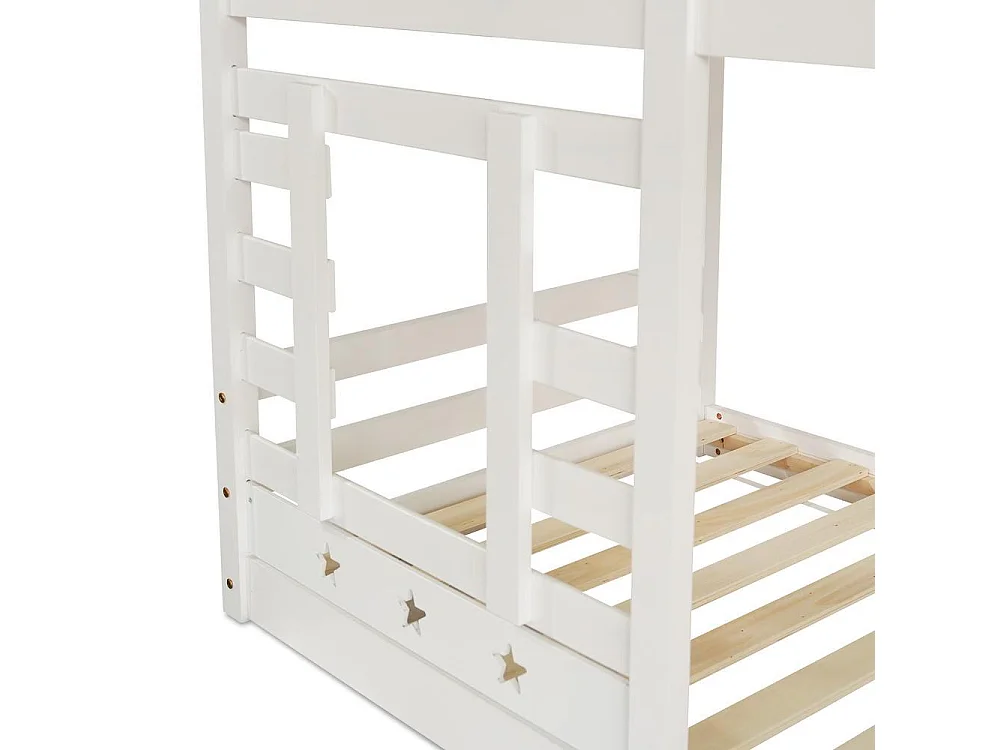 Lit superposé 90x200 cm enfant avec tiroirs, lit cabane étoiles et lune, sécurité EN 747, rangement intégré et robuste, blanc